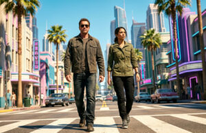 Évolution des personnages de GTA 6 : du quatuor au duo Un homme et une femme marchent au milieu d'une rue style Miami avec des néons et des palmiers, évoquant GTA 6.