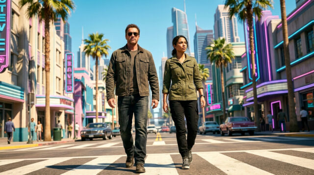 Un homme et une femme marchent au milieu d'une rue style Miami avec des néons et des palmiers, évoquant GTA 6.