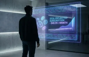 GTA Online 2026 : prévisions sur le prix du futur abonnement Un homme regarde un écran holographique affichant une courbe de croissance et un tarif d'abonnement à 49,99 $ par mois.