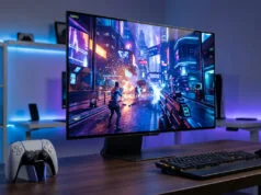 Meilleur écran HDMI 2.1 pour PS5 Pro : profitez de la 4K Moniteur gaming affichant un jeu de tir futuriste avec une manette PS5 sur un bureau rétroéclairé.