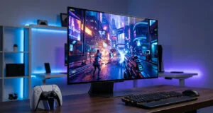 Moniteur gaming affichant un jeu de tir futuriste avec une manette PS5 sur un bureau rétroéclairé.