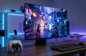 Meilleur écran HDMI 2.1 pour PS5 Pro : profitez de la 4K Moniteur gaming affichant un jeu de tir futuriste avec une manette PS5 sur un bureau rétroéclairé.