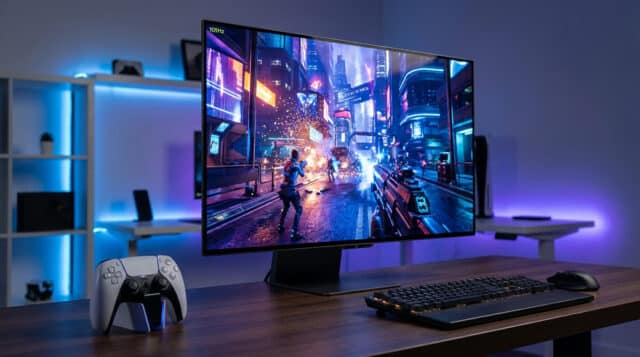 Meilleurs écrans HDMI 2.1 pour PS5 Pro Moniteur gaming affichant un jeu de tir futuriste avec une manette PS5 sur un bureau rétroéclairé.