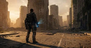 Agent de The Division Resurgence debout au milieu d'une rue en ruines à New York sous une lumière dorée.