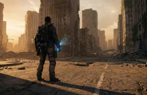 Agent de The Division Resurgence debout au milieu d'une rue en ruines à New York sous une lumière dorée.