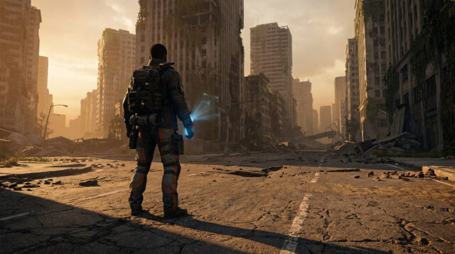 The Division Resurgence : survie en zone urbaine dévastée Agent de The Division Resurgence debout au milieu d'une rue en ruines à New York sous une lumière dorée.