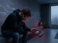 Aliens: Fireteam Elite injouable : fin du cloud sur Switch Un homme déçu tenant une console portable affichant une icône de cloud barrée dans une pièce moderne et sombre.