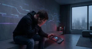 Un homme déçu tenant une console portable affichant une icône de cloud barrée dans une pièce moderne et sombre.