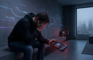 Aliens: Fireteam Elite injouable : fin du cloud sur Switch Un homme déçu tenant une console portable affichant une icône de cloud barrée dans une pièce moderne et sombre.