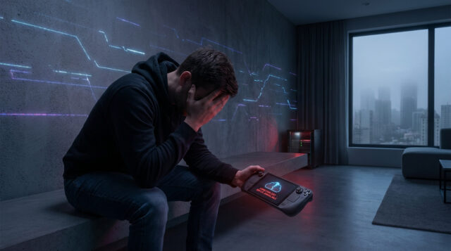 Fin du jeu cloud : un joueur déçu sur Switch Un homme déçu tenant une console portable affichant une icône de cloud barrée dans une pièce moderne et sombre.