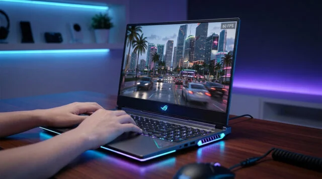 Jouer à GTA 6 sur PC portable : la config idéale Mains d'un joueur utilisant un PC portable gamer affichant un jeu de style GTA 6 en ville avec un indicateur 60 FPS.