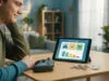 Un jeune homme regarde une tablette affichant un graphique d'épargne avec une manette de jeu posée sur la table.
