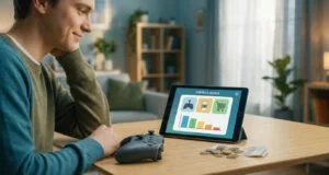 Un jeune homme regarde une tablette affichant un graphique d'épargne avec une manette de jeu posée sur la table.