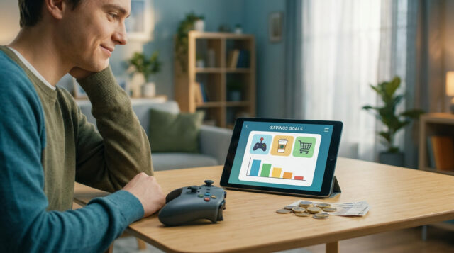 Réduire ses abonnements gaming pour économiser Un jeune homme regarde une tablette affichant un graphique d'épargne avec une manette de jeu posée sur la table.