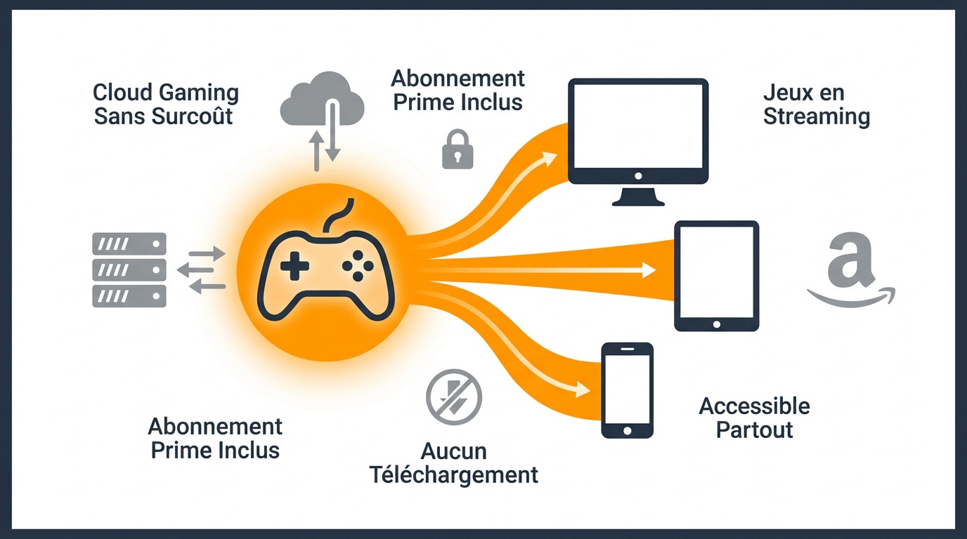 Infographie expliquant le fonctionnement du cloud gaming Amazon Luna pour les abonnés Prime
