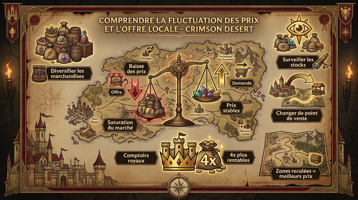 Infographie sur la fluctuation des prix dynamiques et l'offre locale dans Crimson Desert