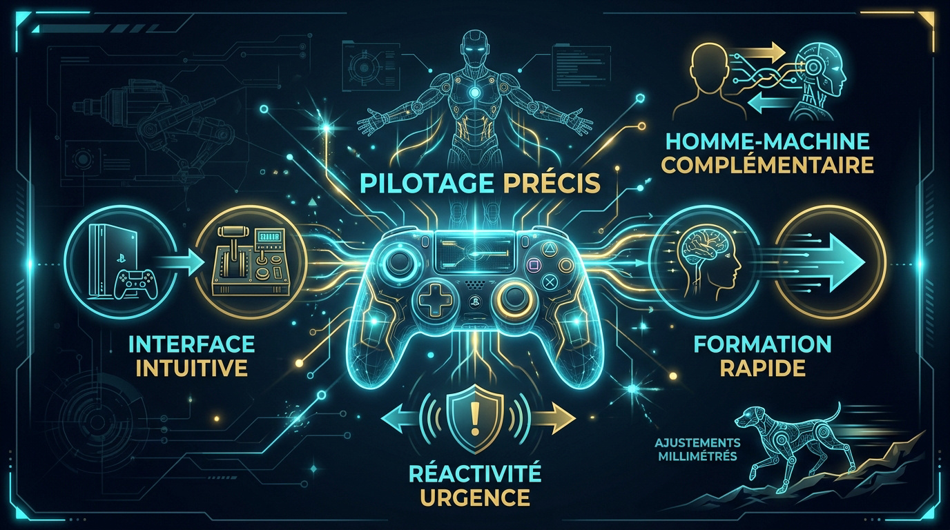Infographie montrant le pilotage d'un robot humanoïde et d'un chien robot via une manette de jeu vidéo