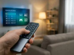 Raccourci touche 0 LG : le secret pour booster votre TV Une main tenant une télécommande LG pointée vers un écran TV affichant le menu "Quick Access" dans un salon confortable.