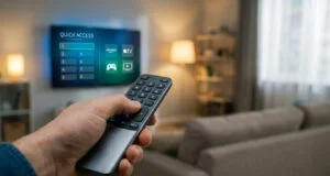 Une main tenant une télécommande LG pointée vers un écran TV affichant le menu "Quick Access" dans un salon confortable.