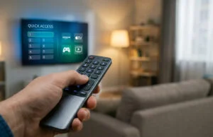 Raccourci touche 0 LG : le secret pour booster votre TV Une main tenant une télécommande LG pointée vers un écran TV affichant le menu "Quick Access" dans un salon confortable.