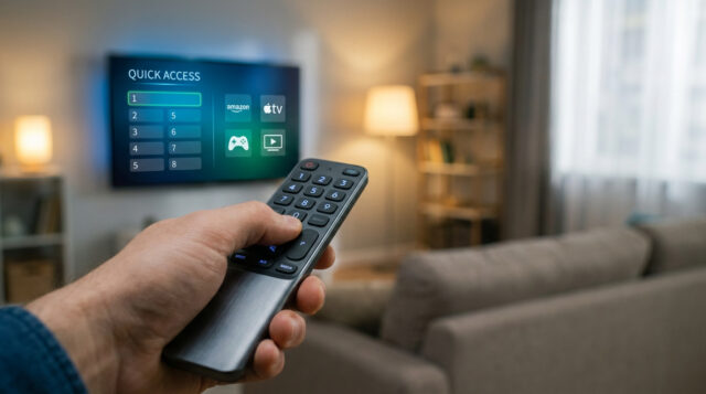 Maîtrisez le raccourci touche 0 sur votre TV LG Une main tenant une télécommande LG pointée vers un écran TV affichant le menu "Quick Access" dans un salon confortable.