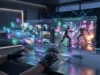 Xbox Game Pass vs GeForce Now 2026 : quel service choisir ? Un joueur utilisant des gants haptiques pour manipuler des interfaces holographiques de jeux vidéo devant un grand écran.