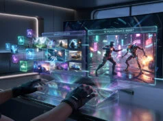 Xbox Game Pass vs GeForce Now 2026 : quel service choisir ? Un joueur utilisant des gants haptiques pour manipuler des interfaces holographiques de jeux vidéo devant un grand écran.