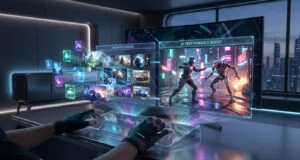 Un joueur utilisant des gants haptiques pour manipuler des interfaces holographiques de jeux vidéo devant un grand écran.