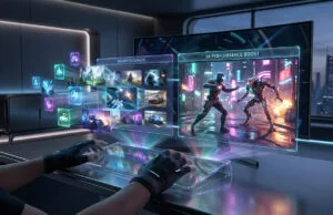 Xbox Game Pass vs GeForce Now 2026 : quel service choisir ? Un joueur utilisant des gants haptiques pour manipuler des interfaces holographiques de jeux vidéo devant un grand écran.