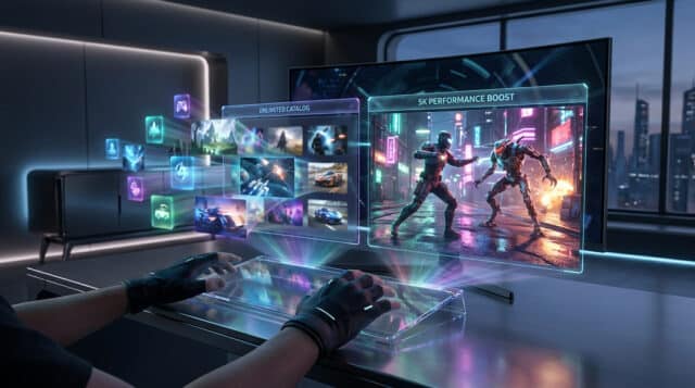 Xbox Game Pass vs GeForce Now : lequel choisir en 2026 ? Un joueur utilisant des gants haptiques pour manipuler des interfaces holographiques de jeux vidéo devant un grand écran.