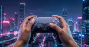 Mains tenant une manette de jeu devant une vue nocturne d'une ville futuriste aux néons roses et bleus.