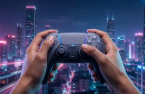 Optimisez vos réglages manette sur GTA 6 pour une précision maximale Mains tenant une manette de jeu devant une vue nocturne d'une ville futuriste aux néons roses et bleus.