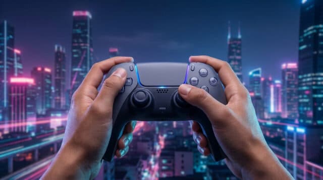Optimisez vos réglages manette pour GTA 6 Mains tenant une manette de jeu devant une vue nocturne d'une ville futuriste aux néons roses et bleus.