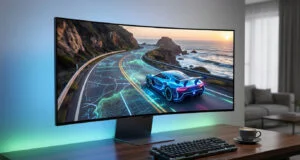 Un écran incurvé affichant une voiture de sport futuriste roulant sur une route côtière avec des éléments de carte.