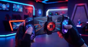 Mains tenant un smartphone avec manette intégrée et ventilateur de refroidissement dans une salle gaming néon.