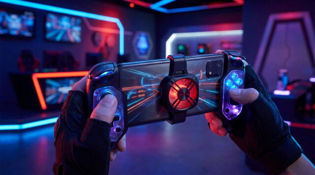 Meilleurs accessoires gaming smartphone 2026 Mains tenant un smartphone avec manette intégrée et ventilateur de refroidissement dans une salle gaming néon.