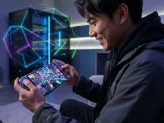 Comparatif forfaits mobile 5G gaming 2026 : quelle offre pour jouer ? Un jeune homme joue à un jeu de course sur une console portable devant un décor technologique avec des formes géométriques.