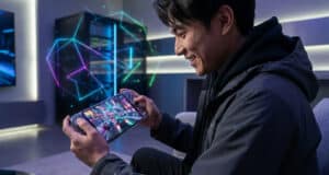 Un jeune homme joue à un jeu de course sur une console portable devant un décor technologique avec des formes géométriques.