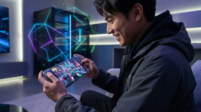 Meilleures offres 5G pour le gaming mobile en 2026 Un jeune homme joue à un jeu de course sur une console portable devant un décor technologique avec des formes géométriques.