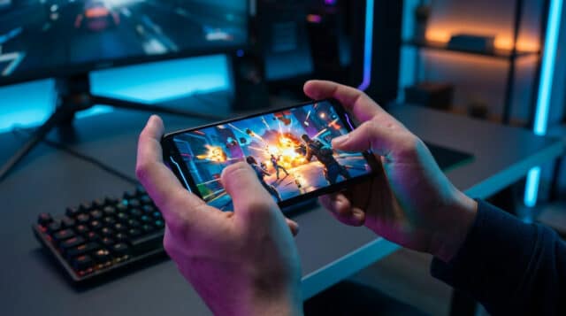 Gros plan sur des mains tenant un smartphone affichant un jeu d'action intense dans une chambre gaming éclairée en bleu.