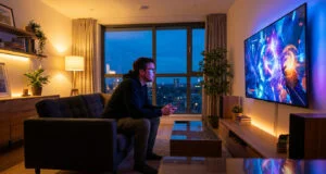 Un homme joue aux jeux vidéo sur sa télévision en streaming depuis son canapé dans un salon moderne.