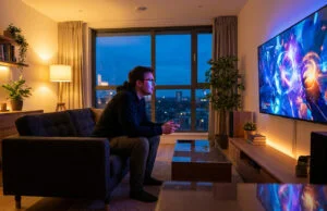 Amazon Luna gratuit Prime : jouez en streaming sans console Un homme joue aux jeux vidéo sur sa télévision en streaming depuis son canapé dans un salon moderne.