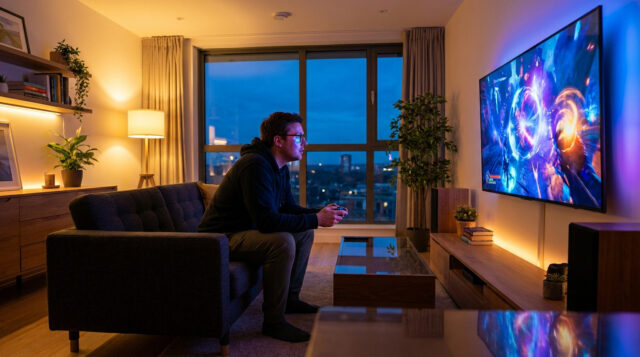 Jouez en streaming avec Amazon Luna Un homme joue aux jeux vidéo sur sa télévision en streaming depuis son canapé dans un salon moderne.