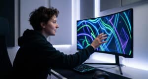 Un jeune joueur touche l'écran incurvé de son PC affichant des néons colorés dans une pièce sombre.