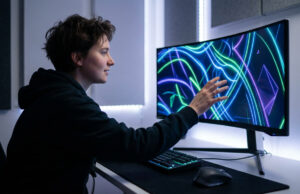 Amazon luna jeux gratuits : récupère tes titres PC à vie Un jeune joueur touche l'écran incurvé de son PC affichant des néons colorés dans une pièce sombre.