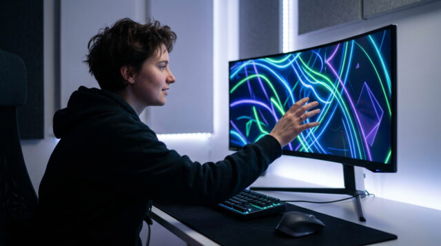 Joueur interagissant avec son écran PC Un jeune joueur touche l'écran incurvé de son PC affichant des néons colorés dans une pièce sombre.