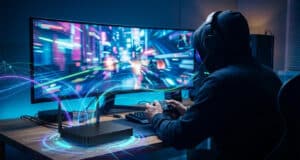 Gamer portant un casque devant un écran large, avec une box fibre diffusant des faisceaux lumineux de connexion rapide.