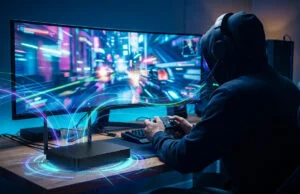 Meilleure box fibre pour le gaming 2026 : quel opérateur choisir ? Gamer portant un casque devant un écran large, avec une box fibre diffusant des faisceaux lumineux de connexion rapide.