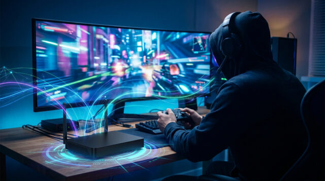 Meilleure box fibre pour le gaming 2026 Gamer portant un casque devant un écran large, avec une box fibre diffusant des faisceaux lumineux de connexion rapide.