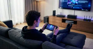 Un jeune homme détendu sur un canapé jouant à la PS5 sur son Steam Deck via l'application Asobi.